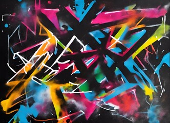 Bright slashes of spray paint graffiti on a black wall