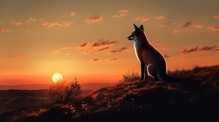 Sunrise on a hill with a fox silhouette