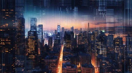 photograph of city skyscrapers with overlaying.Generative AI