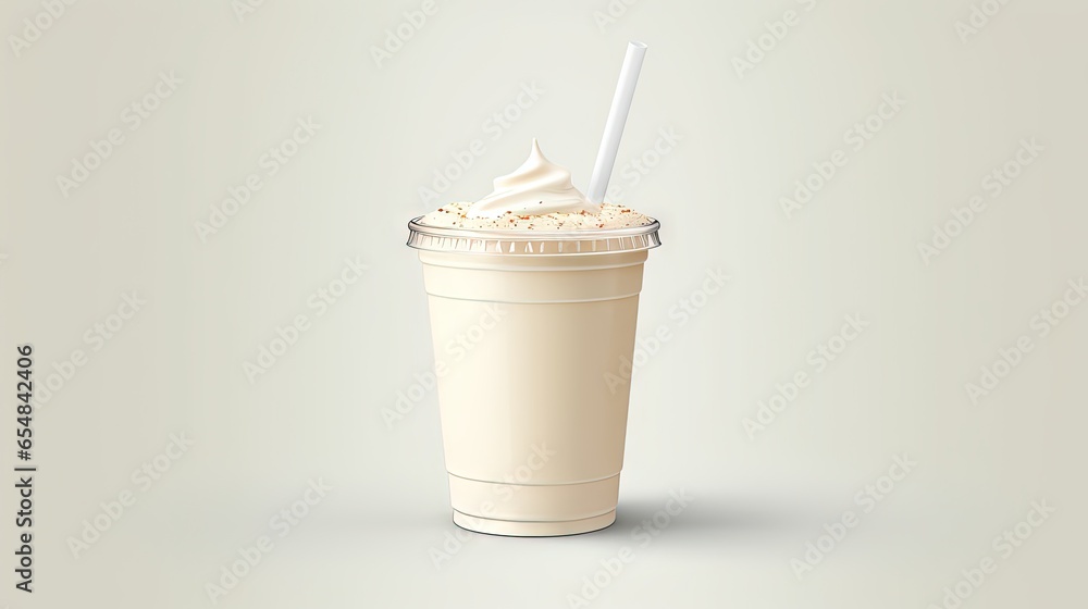 Poster high resolution image of a white isolated plastic cup and straw containing a vanilla milkshake