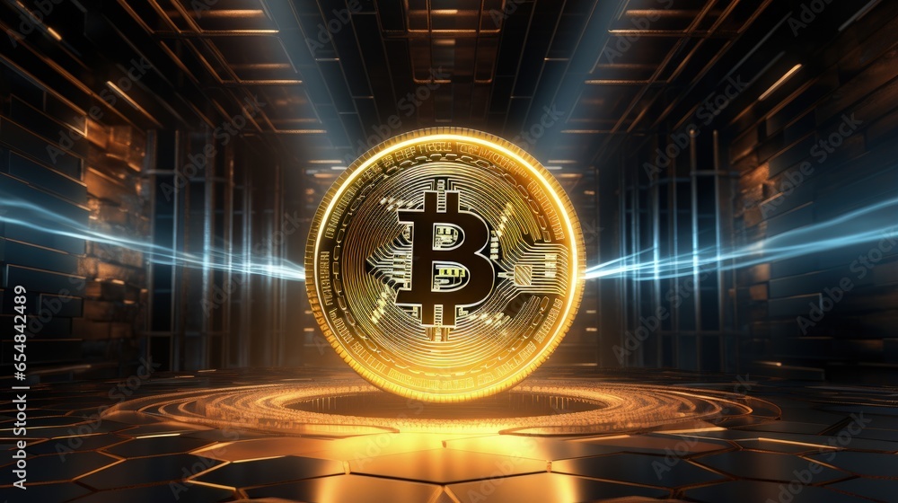 Poster bitcoin backdrop in polygonal glow depicting cryptocurrency and finance 3d render