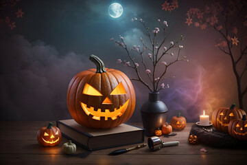 Halloween in autumn background  with Castle and pumpkins