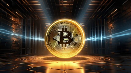 Bitcoin backdrop in polygonal glow depicting cryptocurrency and finance 3D Render