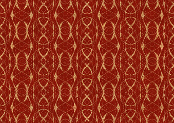 Hand-drawn unique abstract symmetrical seamless gold ornament on a bright red background. Paper texture. Digital artwork, A4. (pattern: p10-4c)