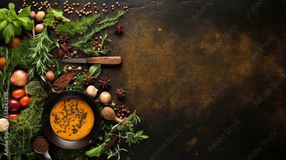 Poster top view of a food background with space for text featuring herbs olive oil and spices arranged arou