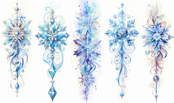 Set of watercolor Christmas ornaments, vertical design elements with snowflakes in blue tones. Isolated clipart. Generative AI