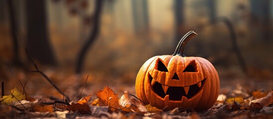 Smiling pumpkin in spooky autumn forest with copyspace for text
