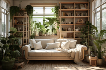 sofa and shelves in the style of naturalistic settings