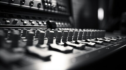 Control panel for music mixer in black and white image Closeup with selective focus - Powered by Adobe
