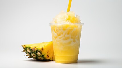 Pineapple slushie photographed in a clear cup on a white background
