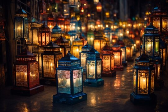 Capturing the enchanting splendor of Ramadan through lanterns and lights. Generative AI