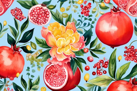 A watercolor pattern with pomegranate fruits and flowers. Generative AI