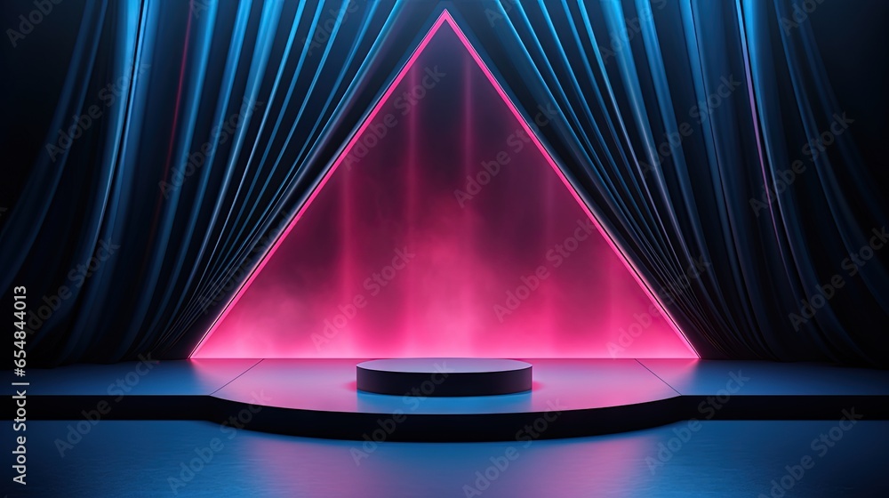 Aufkleber curtain backdrop and neon triangles surround an empty podium