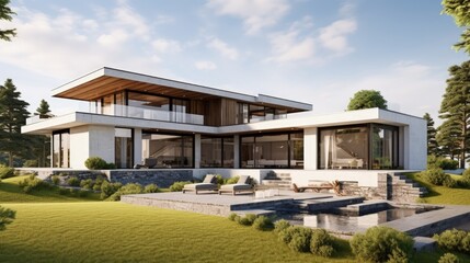 Fototapeta premium Luxurious contemporary house on white background for real estate concept