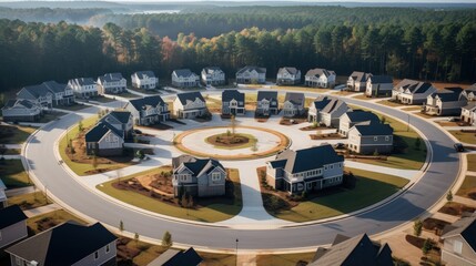 Fototapeta na wymiar Aerial view of high density suburban homes in a new residential neighborhood with roundabout traffic circle and houses under construction in Flowery Branch Georgia