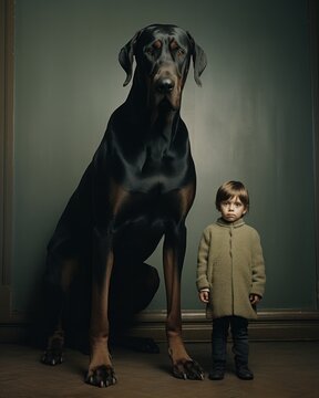 A little boy tanding next to a big large Dobermann