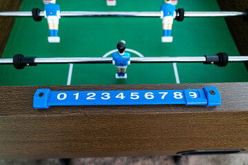Close-up of figures of plastic players in a football match.