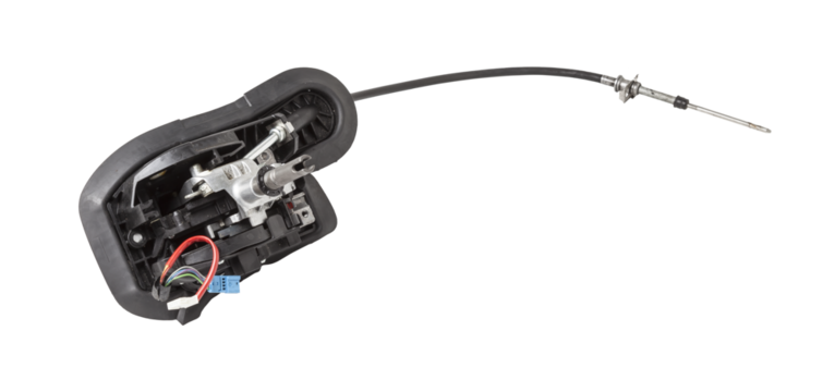 Spare part on a white isolated background in a photo studio for sale at an auto-parsing or replacement in a car service center - Automatic transmission selector gear lever with plastic elements