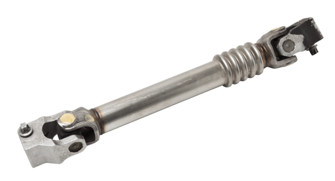 The spare part of the car is a metal steering propeller shaft with hinges on a white background with inscriptions designating the model. Repair of equipment at the auto-parsing in the workshop.