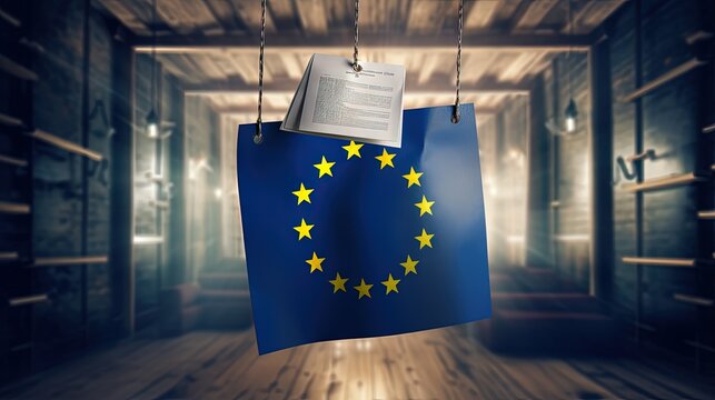 Illustration of GDPR with map of Europe and personal data icon on hanging paper