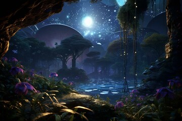 Nightly cinematic Pandora avatar planet. Glowing dots adorn plants and trees in the jungle. Generative AI - obrazy, fototapety, plakaty