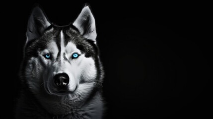Black background Siberian Husky with blue eyes Copy space for text B W photography - obrazy, fototapety, plakaty