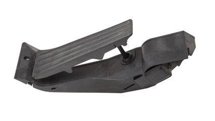 Gas pedal on a white isolated background in a photo studio for sale in a car service. Black auto...