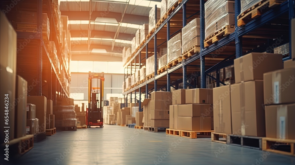 Poster hazy commercial warehouse with stacked crates and shelves