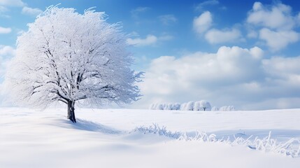 Winter landscape with simple snowy background on sunny day