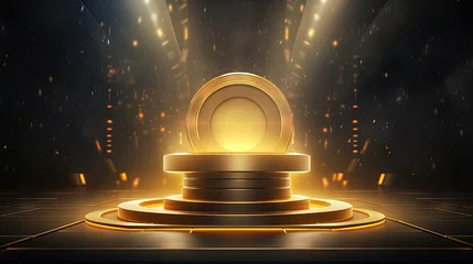 Tuinposter Template for giveaway featuring podium spotlight flying gold coins and neon background © vxnaghiyev