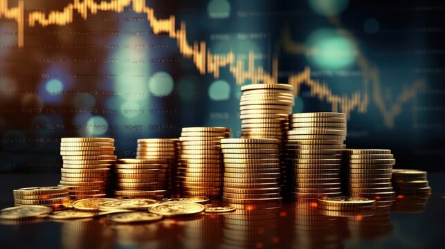 Coin stacks on financial graph background with double exposure image