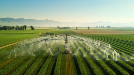 Drone captures crop field with sprinkler irrigation from above