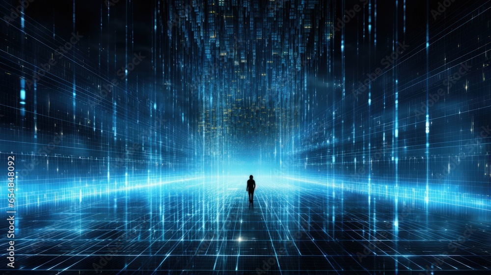 Fototapete Digital 3D representation of data flow with big data and binary code