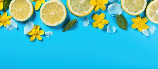Summer layout with lemon and yellow flower petals on a blue background Minimalist fruit concept...