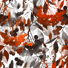 Autumn bouquet: berries and leaves endless motif. Digital art and watercolour, ink texture. Seamless pattern for packaging, scrapbooking, textile. Modern art-deco.  - 654848281