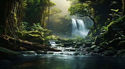 amazon rainforest river landscape with waterfall