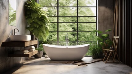 Modern empty bathroom with white tub large windows rustic accents and indoor plants