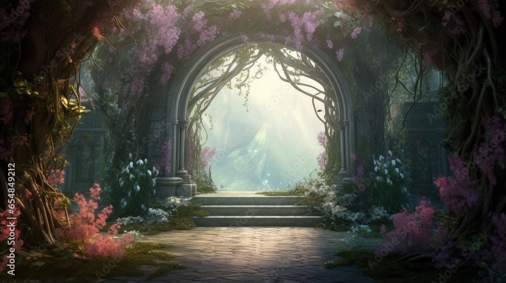 Poster 3d illustration of a vine covered archway in a magical forest with mist on a spring day