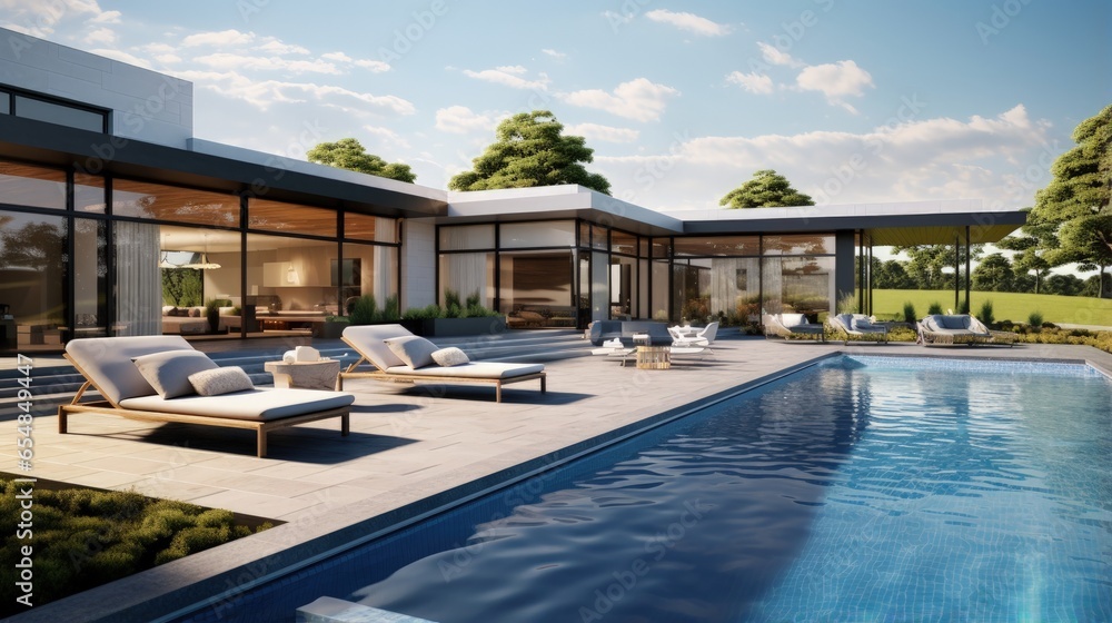 Poster 3d rendering of a luxurious contemporary backyard with a pool