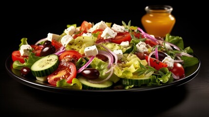 Healthy Greek salad with fresh vegetables feta cheese olives and olive oil