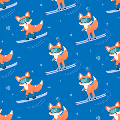 Winter sport fox on skis, sled, snowboard, skates. seamless pattern.