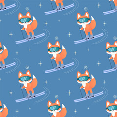 Winter sport fox on skis, sled, snowboard, skates. seamless pattern.
