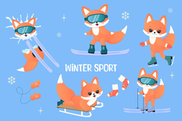 winter sports set. fox on skis, sledge, snowboard, skates.