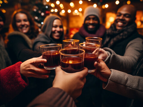 A Photo of a Group Toasting with Mugs of Warm Mulled Wine