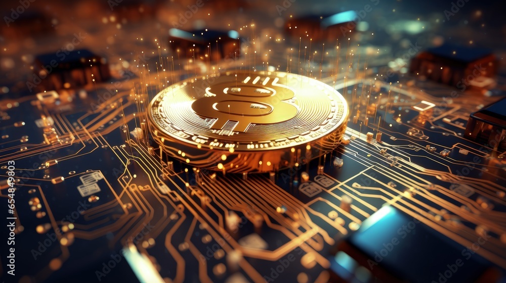 Poster cryptocurrency or digital money showcased through abstract fintech connection over a futuristic comp