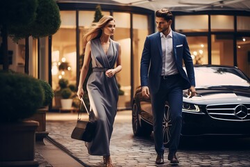 Young elegant happy rich couple coming out of shopping mall carrying shopping bags towards rich city - obrazy, fototapety, plakaty
