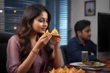 Rolgordijnen A picture of a woman eating a samosa at work during the diwali festival, diwali celebration image © Ingenious Buddy 