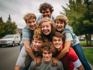 A Photo of Friends Forming a Human Pyramid for a Fun Picture