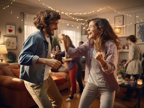 A Photo of Friends Doing a Dance Off in the Living Room - Powered by Adobe