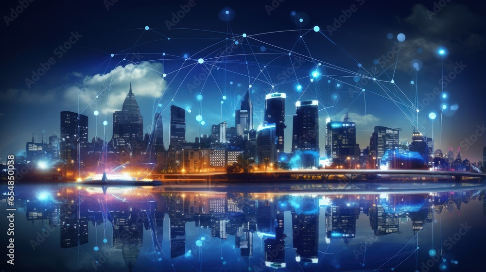 Poster Smart city concept with IT text icons IoT networks and augmented reality in a night scene